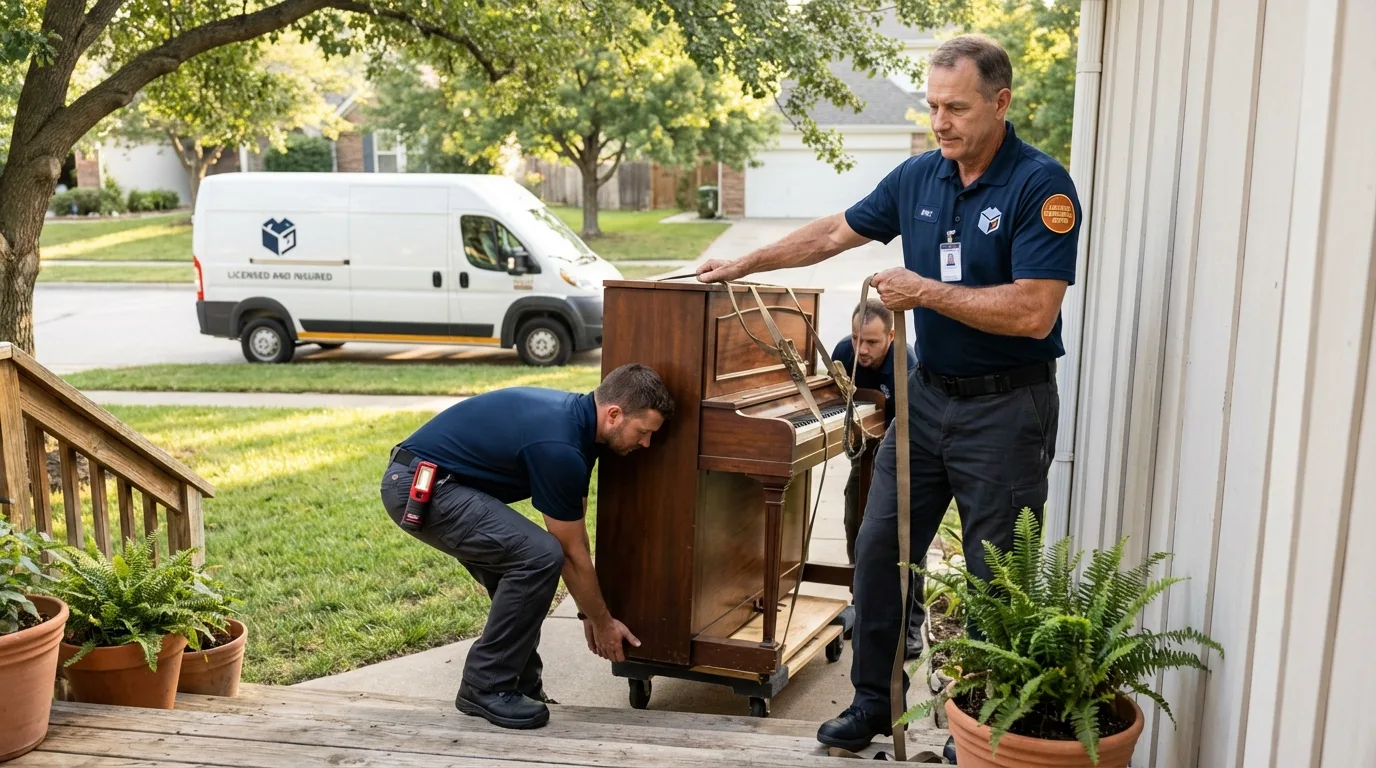 Licensed piano movers securing grand piano in Saint Paul, MN